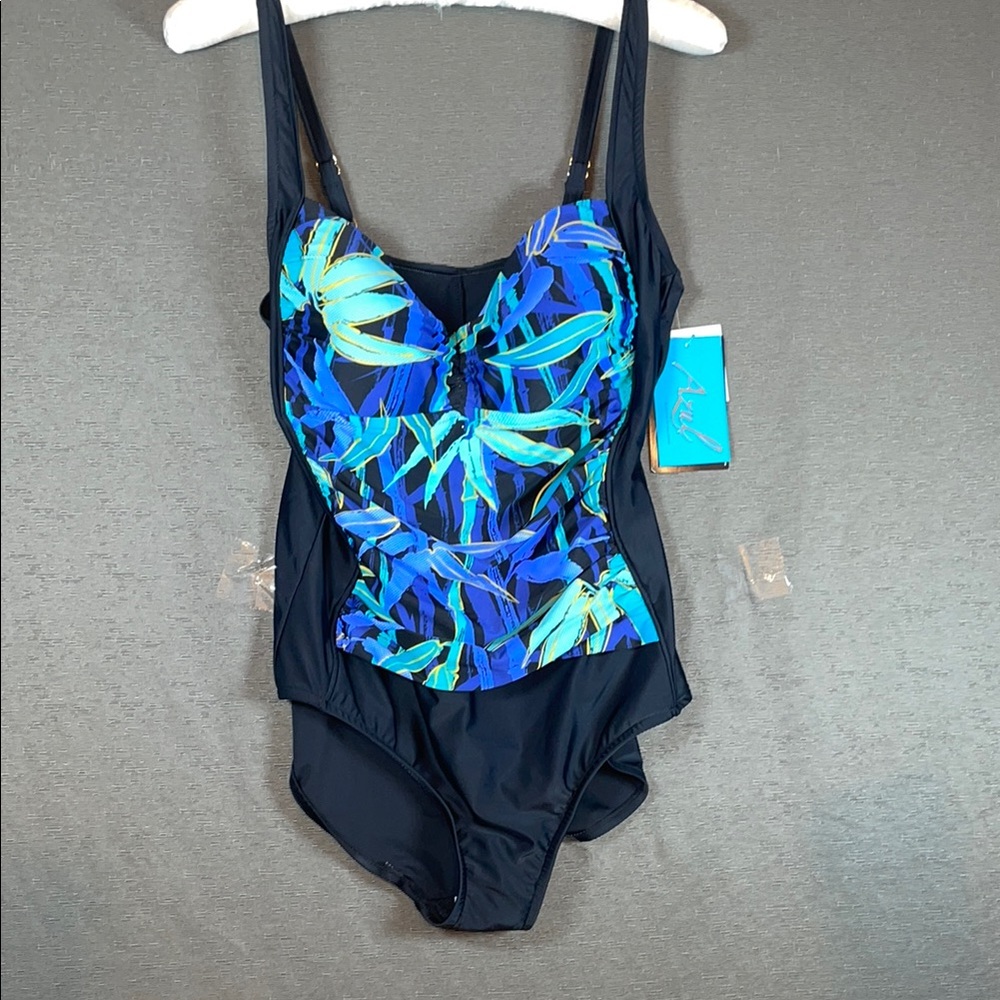 Blue and Black One Piece Swimsuit‎ with Geometric Pattern